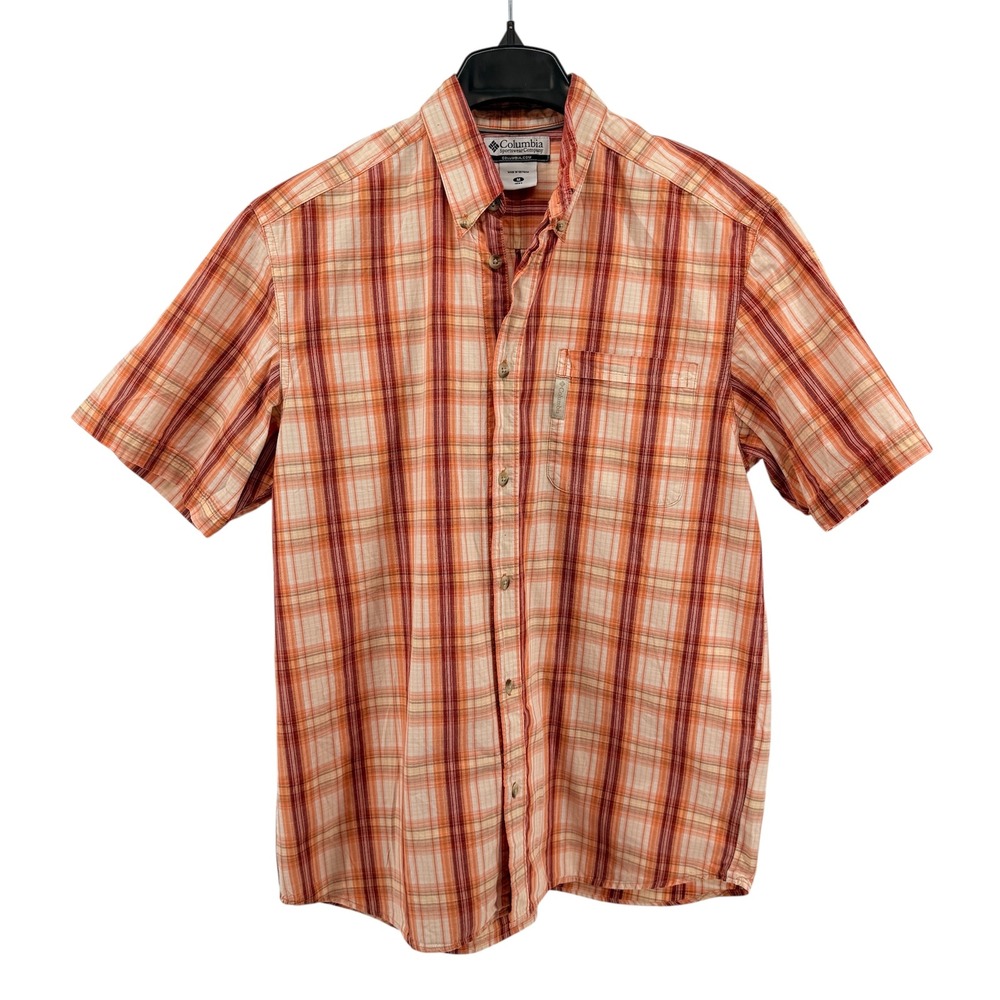 Columbia Button Down Shirt Men Medium Pre-Owned Short Sleeve Orange Plaid Cotton